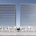 Modern Twin Office Buildings Exterior With Glass Curtain Walls And Podium Base Structure