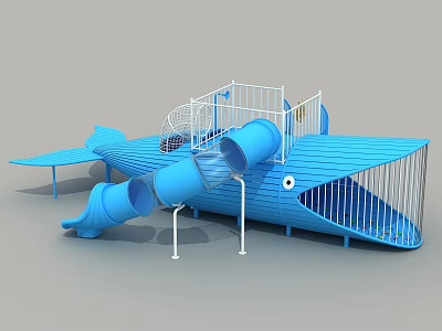 Blue Airplane Shaped Playground Equipment With Curved Slide and Safety Railings 3d model