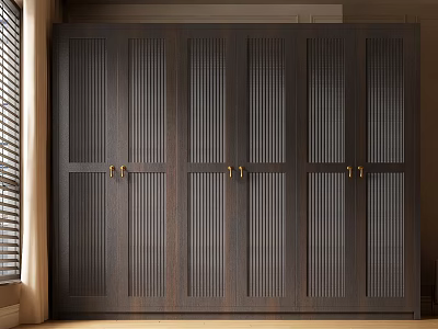 Dark Wooden Wardrobe Featuring Vertical Stripe Design Multiple Doors And Golden Handles 3d model