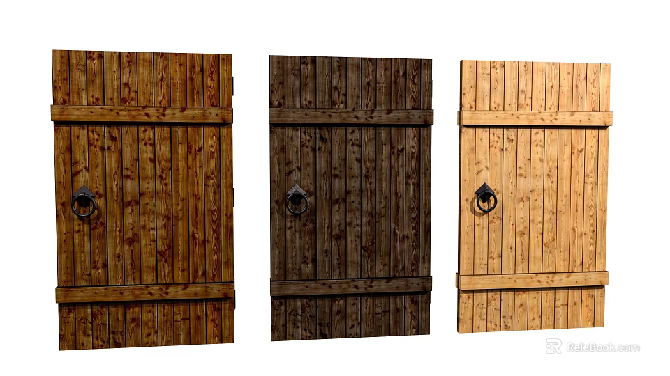 Wooden Barn Doors In Three Different Colors With Metal Ring Handles 3d model 