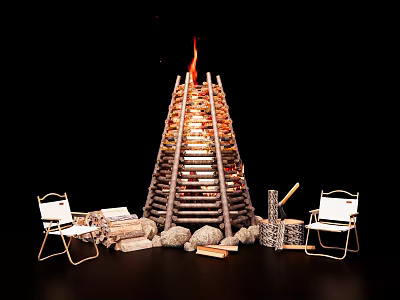 Outdoor Bonfire Scene With Cone Shaped Wooden Structure Folding Chairs Logs And Stones 3d model