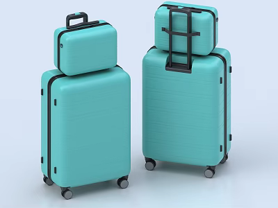 Teal Colored Luggage Set With Small And Large Suitcases Stacked On Wheels 3d model
