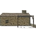 Old Stone Barn Structure with Tiled Roof Arched Wooden Door Small Windows and Stone Fence