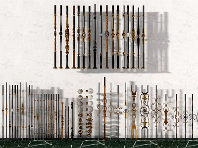 Different Styles of Ornamental Metal Railings Arranged Against White Wall on Marble Floor 3d model