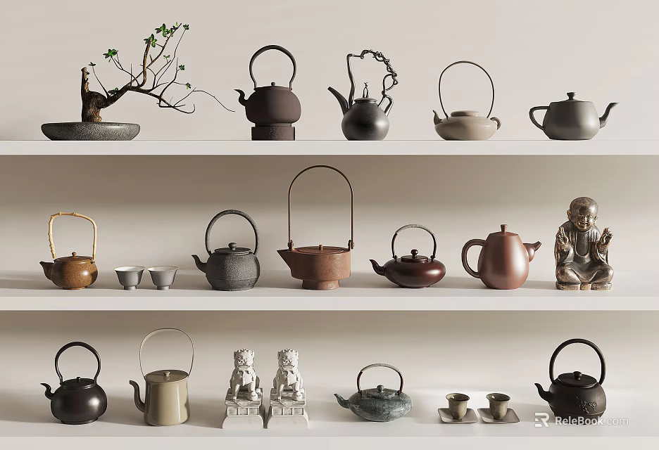 Collection of Teapots and Teacups on Shelves with Buddha Statues and Bonsai Plant 3d model 