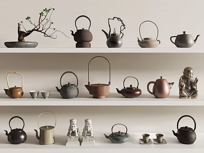 Collection of Teapots and Teacups on Shelves with Buddha Statues and Bonsai Plant 3d model