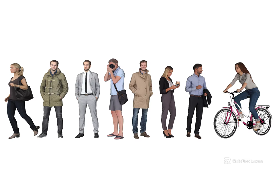 Diverse Group of People Engaging in Activities Like Camera Use Bicycle Riding and Smartphone Use 3d model 