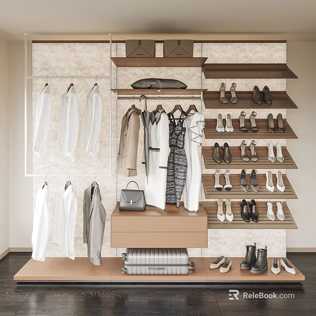 Modern Wardrobe Design With Hanging Clothes Shoes On Shelves And Storage Compartments 3d model 