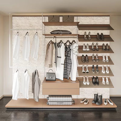 Modern Wardrobe Design With Hanging Clothes Shoes On Shelves And Storage Compartments 3d model
