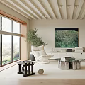 Modern Bright Living Room With White Furniture Glass Coffee Table Green Painting And Wooden Beams