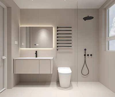 Modern Beige Bathroom With Vanity Mirror Smart Toilet And Shower 3d model