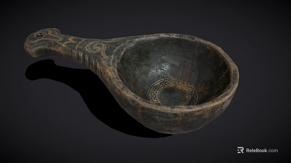 Antique Wooden Tableware Set With Carved Spoon And Intricate Decorative Patterns 3d model 