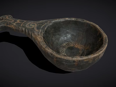Antique Wooden Tableware Set With Carved Spoon And Intricate Decorative Patterns 3d model