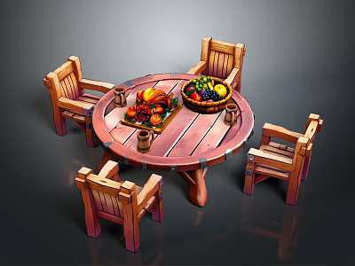 Outdoor Wooden Round Table With Four Chairs Fruit Basket And Wine Glasses 3d model