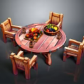 Outdoor Wooden Round Table With Four Chairs Fruit Basket And Wine Glasses