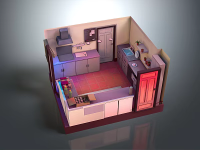 Cartoon Kitchen Scene With Colorful Cabinets Stove Sink Red Refrigerator And Tile Floor 3d model