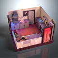 Cartoon Kitchen Scene With Colorful Cabinets Stove Sink Red Refrigerator And Tile Floor