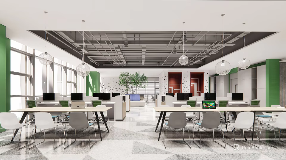 Bright Public Office Space Featuring Open Layout Desks Computers Green Plants And Pendant Lights 3d model