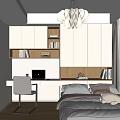 Modern Tatami Bedroom Interior With Cozy Bed Desk Bookshelf Chandelier And Window View