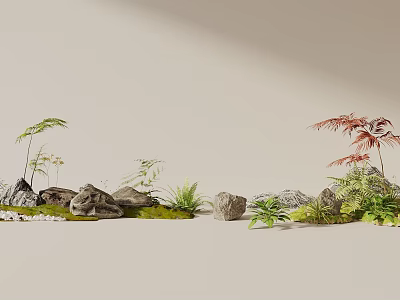 Garden Landscape Design With Rocks Moss Ferns And Red Maple Leaves 3d model