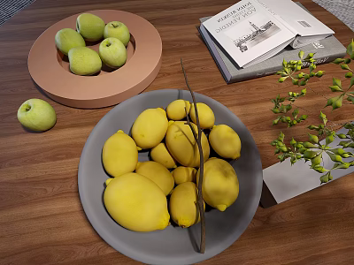 Ceramic Plates With Green Apples And Lemons On Wooden Tabletop With Magazine And Plant 3d model
