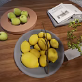 Ceramic Plates With Green Apples And Lemons On Wooden Tabletop With Magazine And Plant
