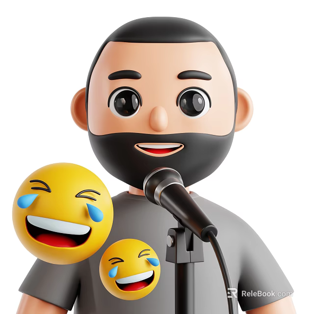Cartoon Style Man Speaking into Microphone with Smiling Laughing Emojis 3d model 