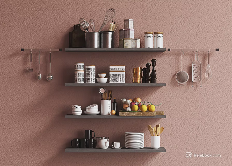 Kitchenware Display On Pink Wall With Multiple Shelves Jars And Fruits 3d model 