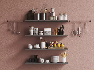 Kitchenware Display On Pink Wall With Multiple Shelves Jars And Fruits 3d model