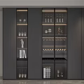 Modern Dark Wine Cabinet With Glass Doors And Wine Bottles Wine Glasses Decorative Sculptures Books