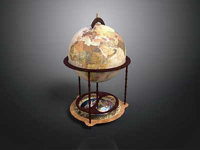 Vintage Globe On Wooden Stand With Decorative Base And World Map Design 3d model