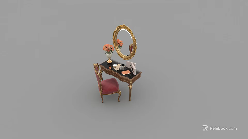 Elegant Dressing Table With Golden Oval Mirror Red Cushioned Chair And Cosmetics 3d model 