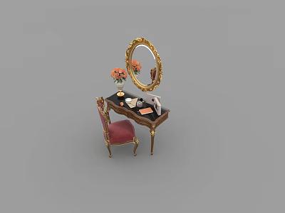 Elegant Dressing Table With Golden Oval Mirror Red Cushioned Chair And Cosmetics 3d model