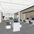 Modern Service Hall Interior With Self-service Kiosk Counter Waiting Area Seats And Plants