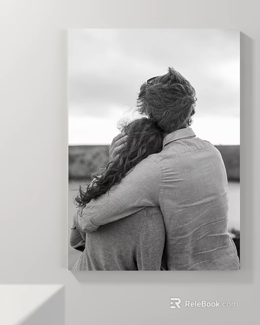Black and White Image of Two People Hugging From Behind by the Water 3d model 