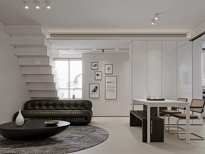 Modern Living and Dining Room Interior With Black Leather Sofa Dining Table And Decorative Paintings 3d model