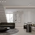 Modern Living and Dining Room Interior With Black Leather Sofa Dining Table And Decorative Paintings