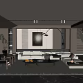 Modern Living Room Interior With Sofa Coffee Table Rug Floor Lamp Plants Shelves And Staircase
