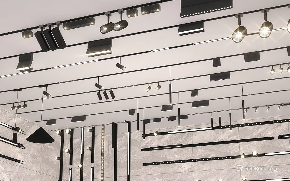 Modern Interior Ceiling Lighting Display With Various Downlights And Spotlights Styles 3d model