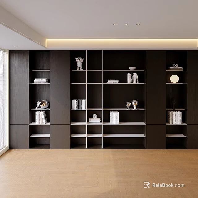 Modern Dark Wood Built in Bookcase Interior with Grid Shelves and Decorative Items 3d model 