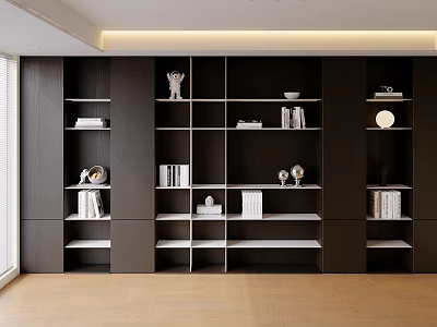 Modern Dark Wood Built in Bookcase Interior with Grid Shelves and Decorative Items 3d model