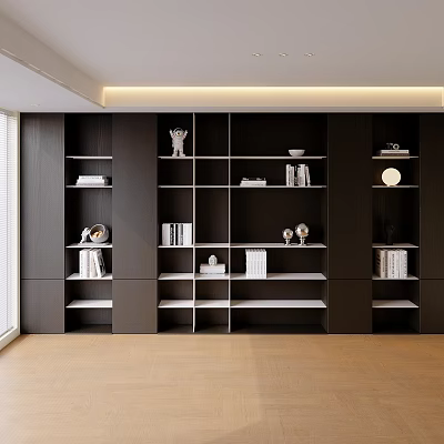 Modern Dark Wood Built in Bookcase Interior with Grid Shelves and Decorative Items 3d model