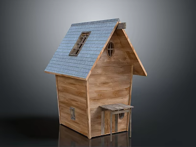 Small Wooden Building With Blue Tile Roof Skylight Window And Wooden Bench Outside 3d model