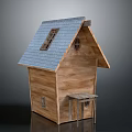 Small Wooden Building With Blue Tile Roof Skylight Window And Wooden Bench Outside