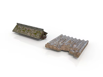 Ancient Architectural Roof With Mossy Tiles And Stone Wall Structure Design Elements 3d model