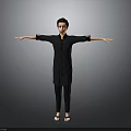 Child Standing With Arms Outstretched In Black Outfit Against Gray Background