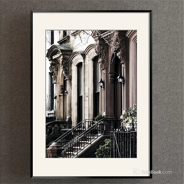 Classical Architecture Landscape Painting With Staircase Iron Railings Wall Lamps And Green Plants 3d model 