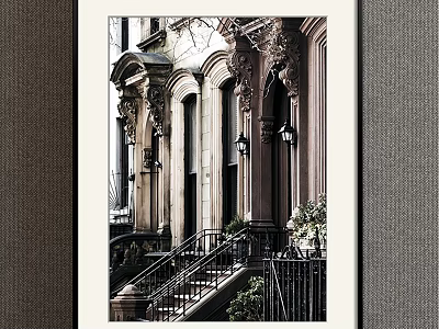 Classical Architecture Landscape Painting With Staircase Iron Railings Wall Lamps And Green Plants 3d model