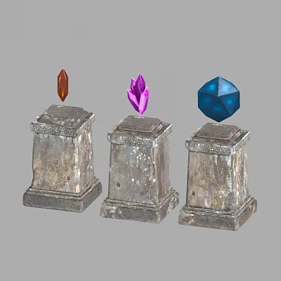 Three Carved Stone Pillars With Orange Purple And Blue Gems On Top 3d model