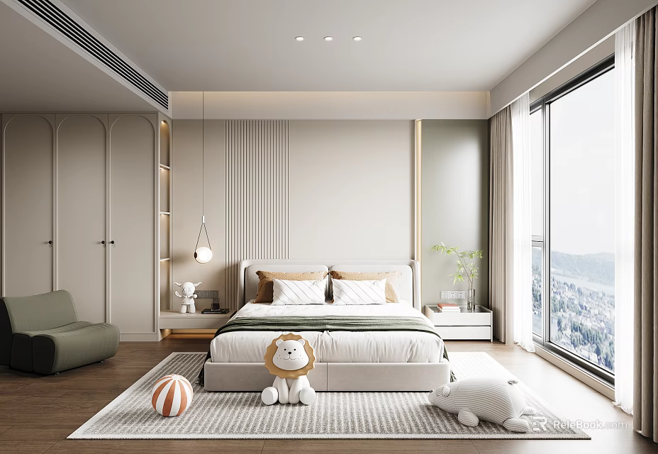 Cozy Kids Room Interior with Bed Stuffed Lion Rabbit Toys Rug Green Chair and Window 3d model 